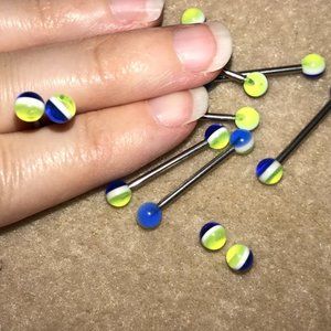 14 Gauge Blue, yellow and white stripe design tongue ring